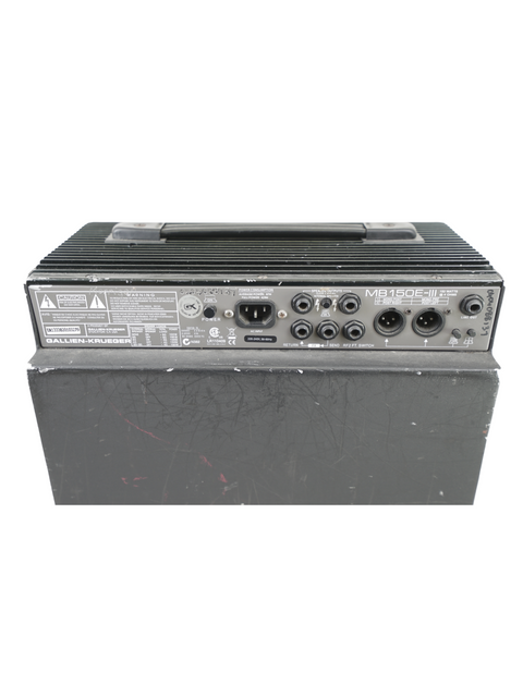 Detailed view of a Gallien-Krueger MBE-III bass amplifier, showcasing its elegant black casing and compact design.
