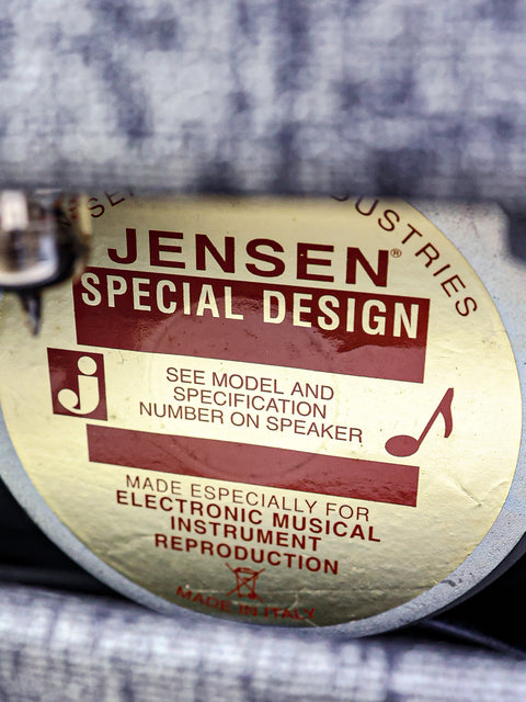Detailed view of a Jensen Special Design label on a Fender George Benson Hot Rod Deluxe III, made in the USA, 2018.