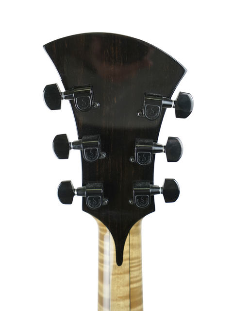 Detailed view of the Hancock Phantom Custom Archtop electric guitar neck, highlighting its elegant curves and premium finish from 2015.