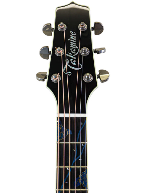 Detailed view of the Takamine LTD2021 guitar neck, showcasing a unique blue and white design from the "Blue Rose" series.