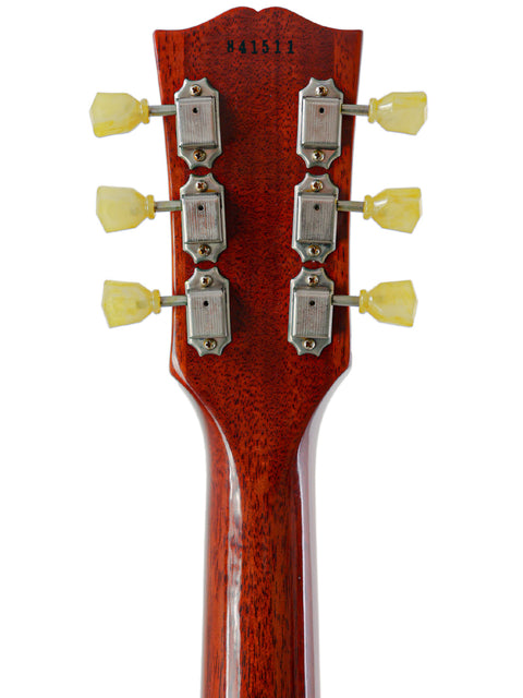  Detailed view of the headstock on a 2014 Gibson Custom Shop LPR-8 left-handed acoustic guitar, highlighting its unique features.