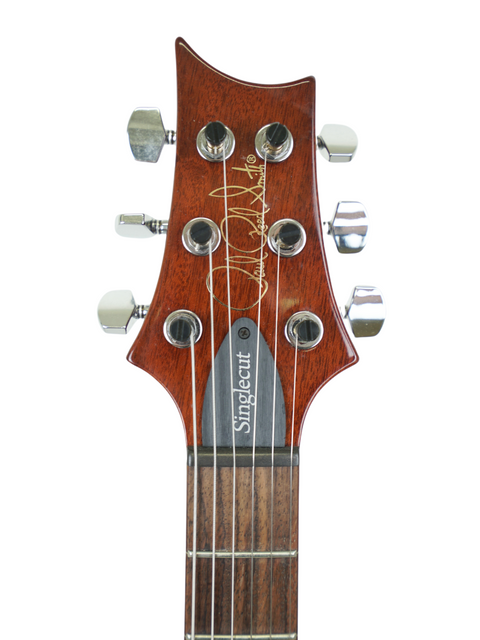 Detailed view of the headstock on a 2018 PRS S2 Singlecut Semi-Hollow electric guitar, highlighting its craftsmanship.