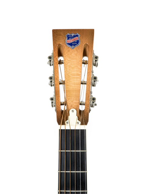Detailed view of the neck of a 2001 National Resophonic Style N Resonator acoustic guitar, highlighting its elegant features.