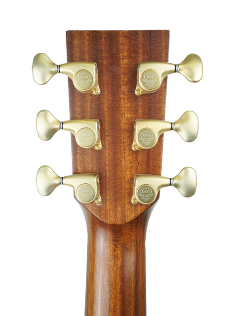 Detailed view of the neck of a 2004 Lakewood M-NC CP guitar, highlighting four tuning knobs and elegant design.