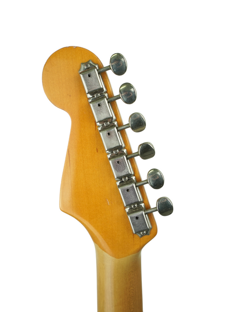Detailed view of the neck of a 2005 Fender Eric Johnson Signature Stratocaster, highlighting the craftsmanship and frets.