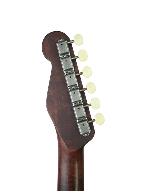 Detailed view of the neck of a 2006 James Trussart Steelcaster electric guitar, highlighting its intricate features and finish.