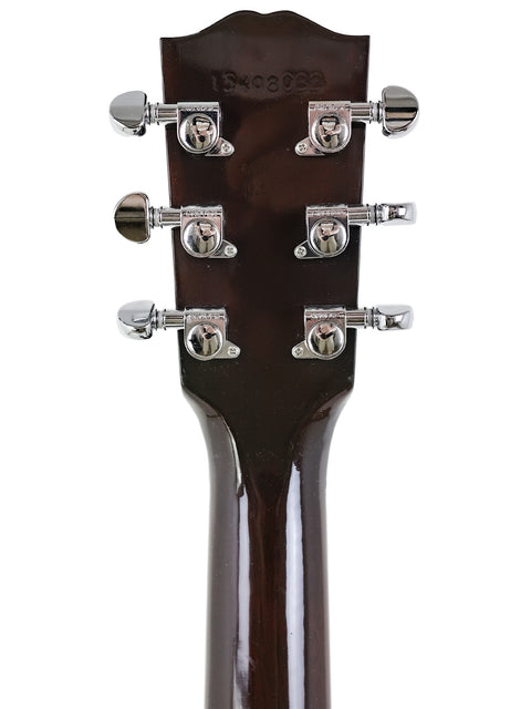 Detailed view of the neck of a 2018 Gibson L-00 Standard Vintage Sunburst acoustic guitar with four tuning knobs.