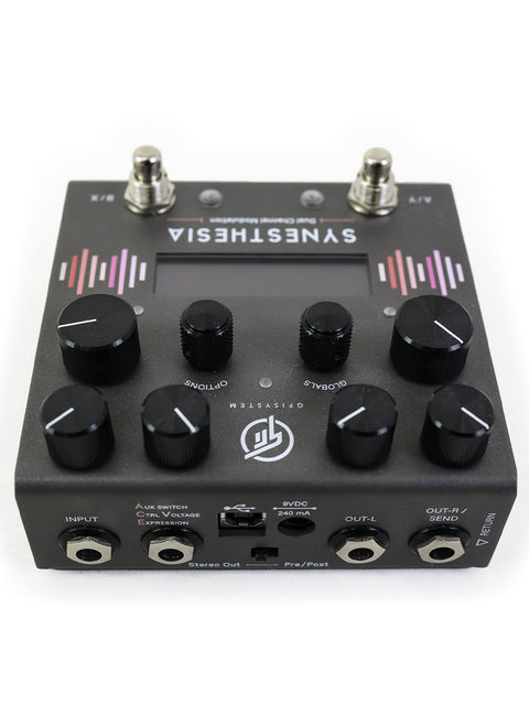 Digital effects pedal for guitars, GFI System Synesthesia, featuring dual-channel modulation from Indonesia.