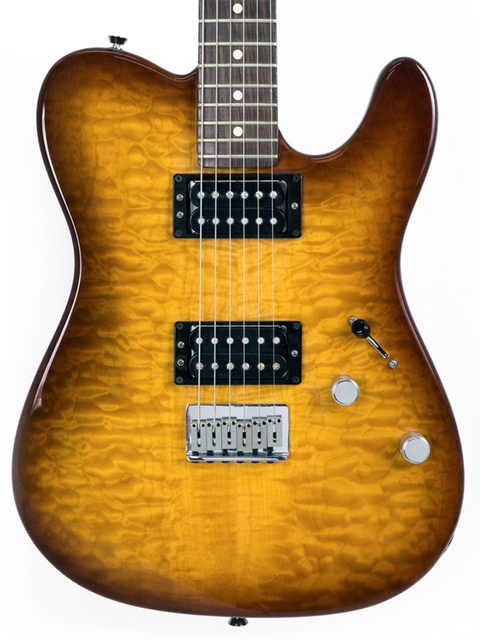 Electric guitar with a sunburst finish and two pickups on a white background.