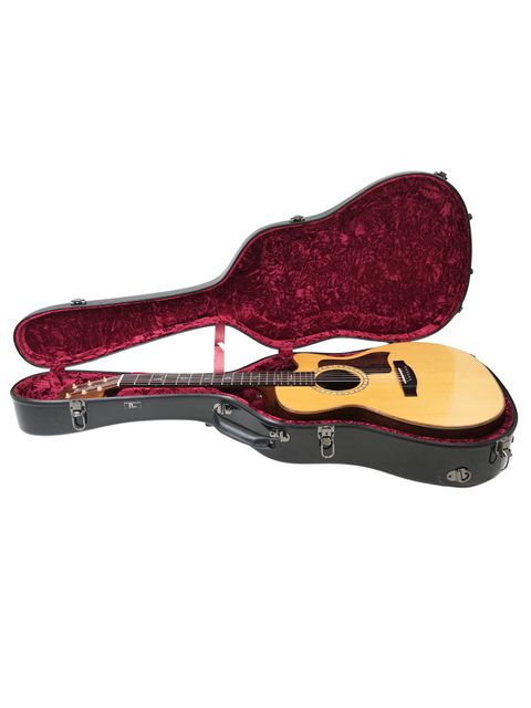 Elegant guitar case with rich red velvet interior, housing the Lakewood M-NC CP New Century II Grand Concert from Germany, 2004.