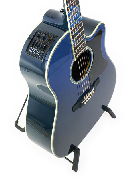 Eye-catching blue acoustic guitar on a stand, representing the Takamine LTD2021 Limited Edition "Blue Rose" from Japan.