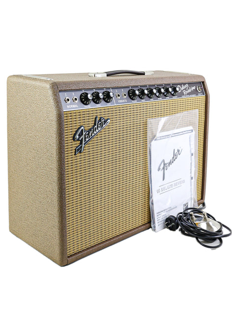 Fender '65 Deluxe Reverb Limited Edition Combo amplifier with power cord, exemplifying vintage style and high-quality sound.