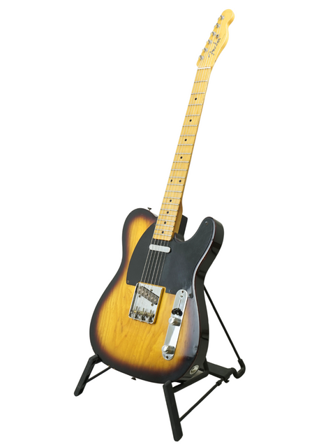 Fender Custom Shop 50's Telecaster NOS guitar showcasing a black body paired with a striking yellow neck.