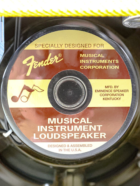 Fender musical instrument loudspeaker with label, designed and assembled in the USA.