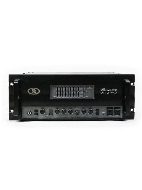 Front view of Ampeg SVT-2 Pro amplifier, highlighting the equalizer and tonal control knobs for professional sound adjustments. (USA 2012).