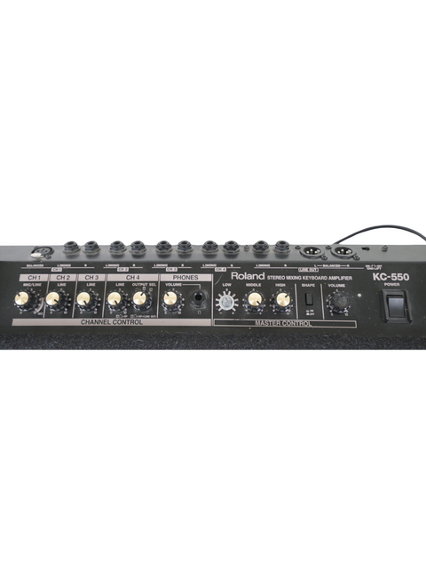 Front view of a black amplifier, the Roland KC-550, with four knobs for volume and tone control.