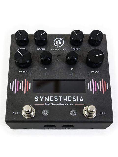GFI System Synesthesia guitar effects pedal showcasing dual channel modulation, designed in Indonesia for enhanced sound creativity.