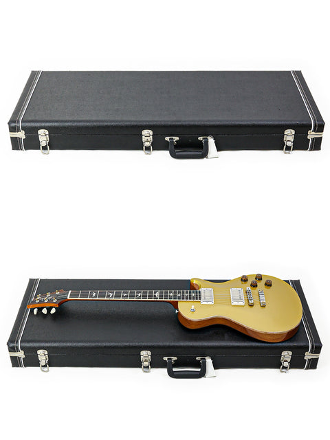 Gold guitar case with a black handle, containing a black PRS McCarty Singlecut 594 guitar, made in the USA, 2020.