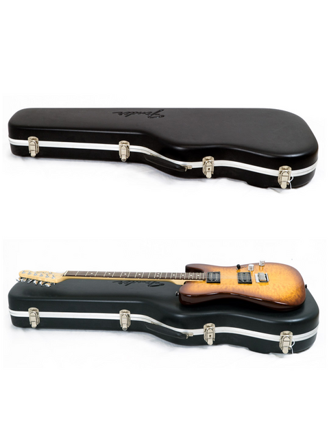Guitar case closed on top, with same case open revealing an electric guitar on the bottom.