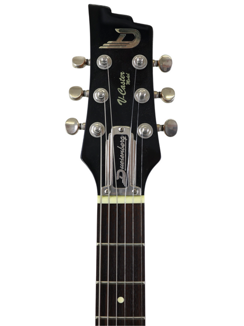 Headstock of a guitar with tuning pegs and a brand logo visible.