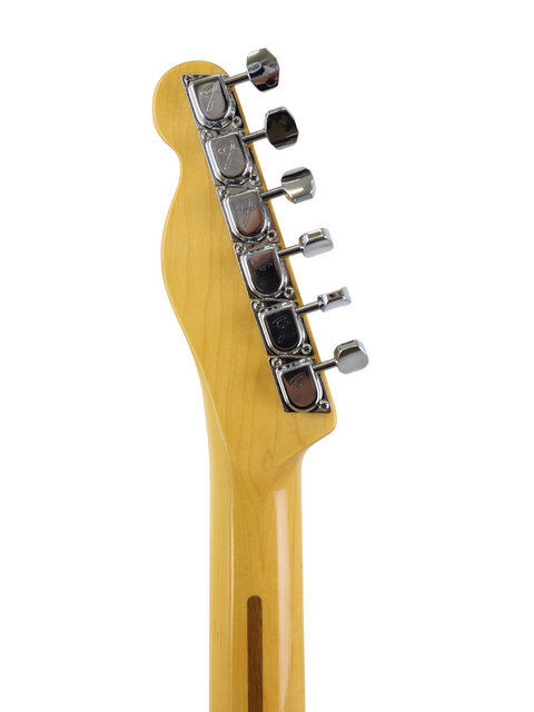 Headstock of a guitar with tuning pegs on white background.