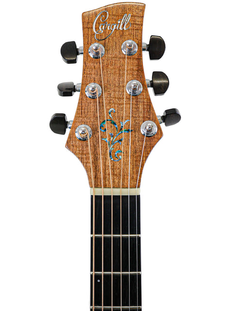  Headstock of an acoustic guitar featuring a blue and white design, labeled "James Cargill Custom - Australia 2015."