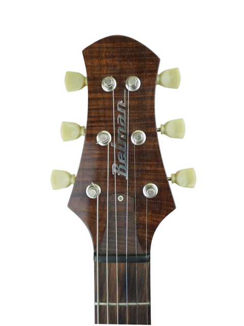 Headstock of the Belman Double Cut Grand - Aus 2005, with branded logo and vintage-style tuners.