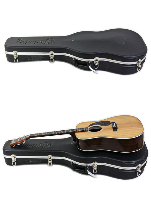 Image displays two angles of a 2006 Martin HD-28 acoustic guitar case, highlighting its unique features.