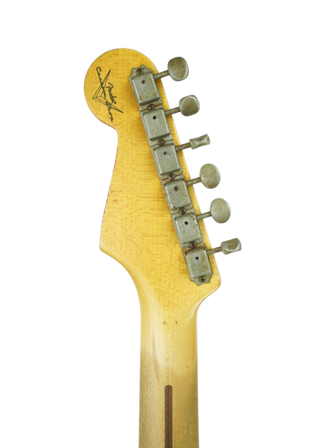 Image focusing on the neck of a Fender Custom Shop 60th Anniversary '54 Stratocaster Relic, emphasizing its classic features.