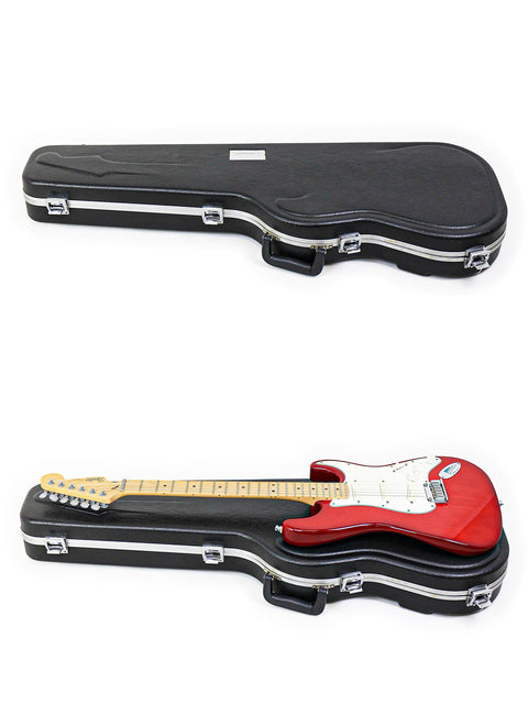  Image of two guitars in distinct cases, highlighting a 1993 USA Fender Strat Plus Deluxe.