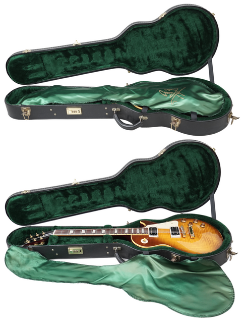 Image of two guitars in green cases, featuring a Gibson Jimmy Page Signature Les Paul Standard with a Honeyburst design.
