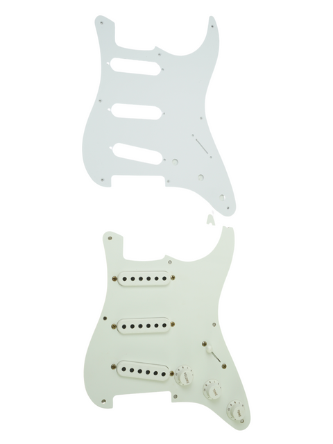 Image of two white guitar pickups on a white background, highlighting the Fender Custom Shop 1955 Relic Stratocaster design.