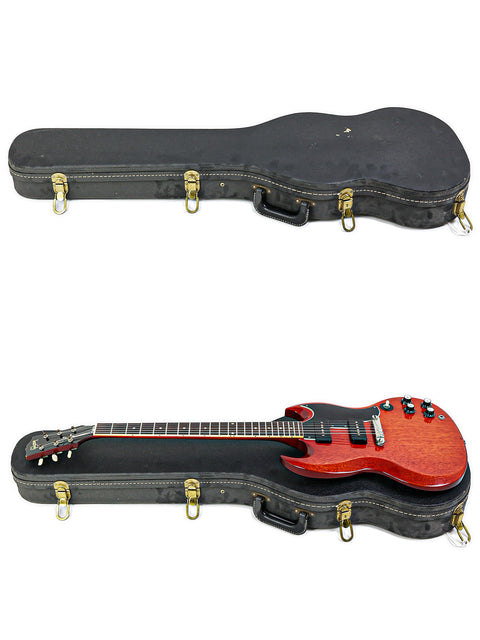 Inside a case, two guitars are visible, including a 1964/5 vintage Gibson SG Special with a striking red body and black headstock.