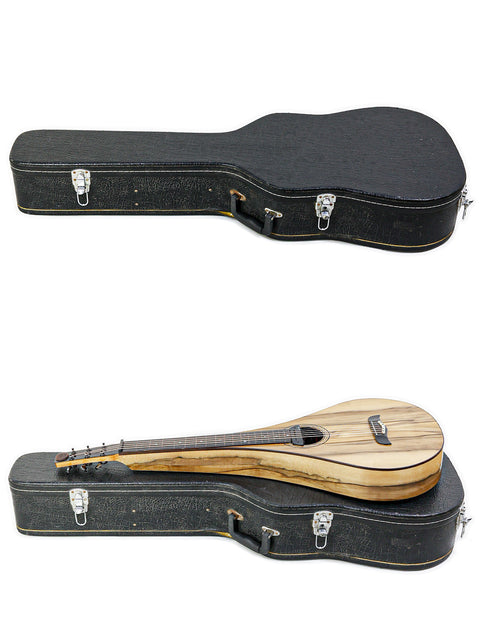 Inside a case, two wooden-bodied guitars are displayed, including the Tim Kill Custom Teardrop from Australia, 2013.