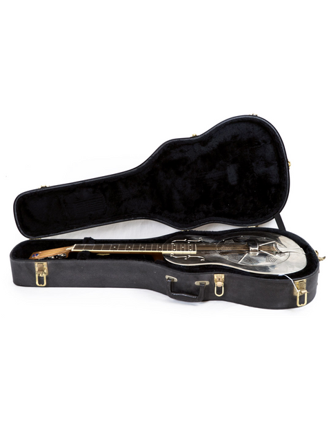 Inside a classic guitar case, a National Resophonic Style N Resonator guitar from 2001 is prominently displayed.