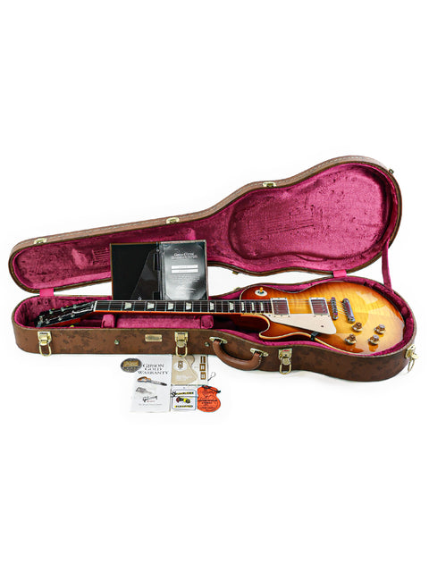 Inside a guitar case, a Gibson Custom Shop LPR-8 Left-Handed guitar from USA 2014 is perfectly displayed.