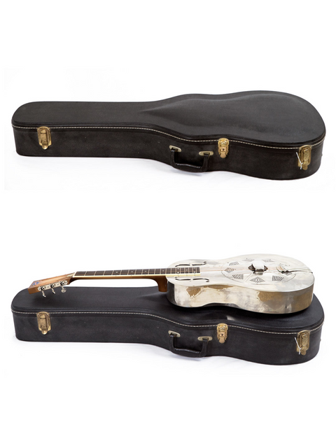Inside a guitar case, a white National Resophonic Style N Resonator guitar from 2001 is displayed, highlighting its unique features.