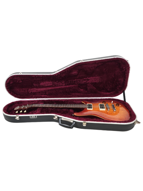  Inside a guitar case lies a striking red and black Belman Double Cut Grand guitar, crafted in 2005.
