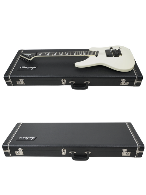  Inside a white case, two guitars are displayed, prominently featuring the Jackson Phil Collen Signature PC1 from 1989.