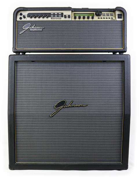 Johnson Millennium Stereo 250 guitar amplifier in black and gold, elegantly placed on a white background for a striking visual.