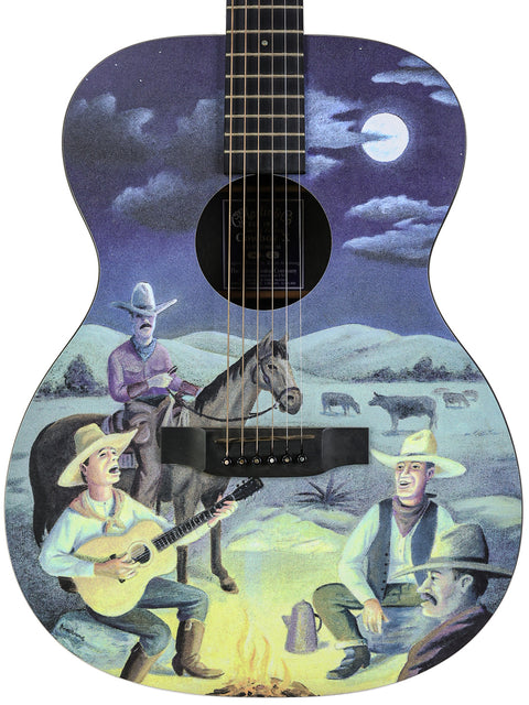 Limited edition Martin Cowboy X guitar with a cowboy and horse painting, numbered 74/250, made in the USA, 2000.