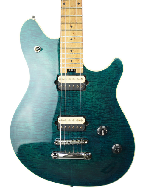 Peavey EVH Wolfgang Standard Hardtail electric guitar featuring a blue neck and a vibrant green body, made in the USA, 2000.