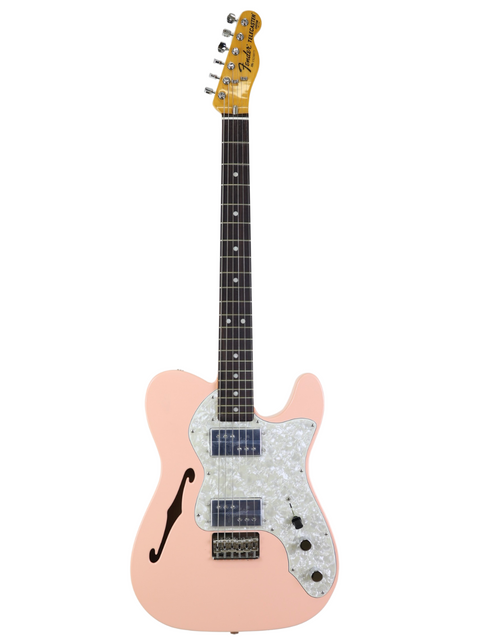 Pink electric guitar with a white pickguard on a white background.