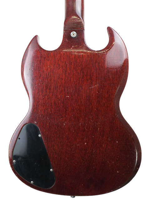 Rear perspective of a 1967 USA-made Gibson SG Special guitar highlighting its wooden body design.