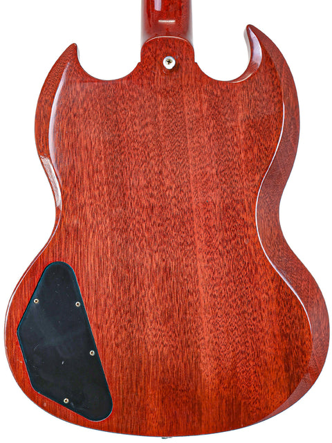 Rear perspective of a red-bodied Gibson Custom Les Paul SG Standard M VOS guitar, emphasizing its quality and design from 2007.