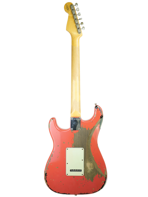 Red Fender Custom Shop '63 Michael Landau Stratocaster Relic guitar with a beautifully crafted wooden body and neck.