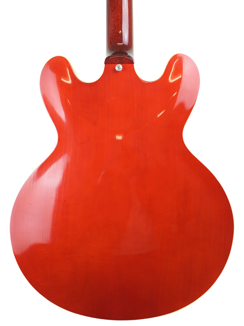 Red Gibson Custom ES-335 guitar featuring a wooden body and neck, representing the iconic '59 Reissue from 2018.