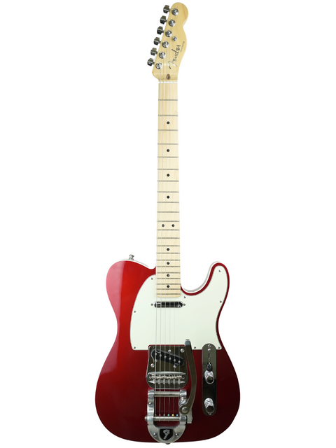 Red electric guitar with a white pickguard and maple neck on a white background.