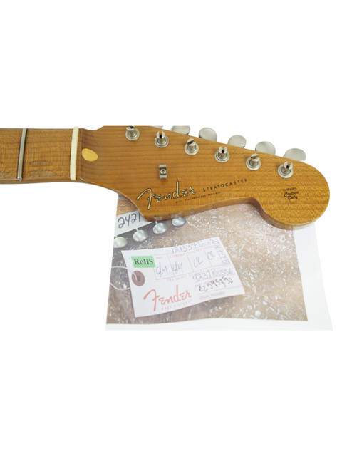 Roasted maple neck from Fender Custom Shop, showcasing craftsmanship and quality in a 2019 Stratocaster design.
