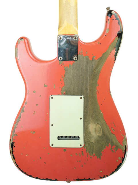 Rustic-finished red Fender Custom Shop '63 Michael Landau Stratocaster Relic guitar, highlighting its unique craftsmanship.